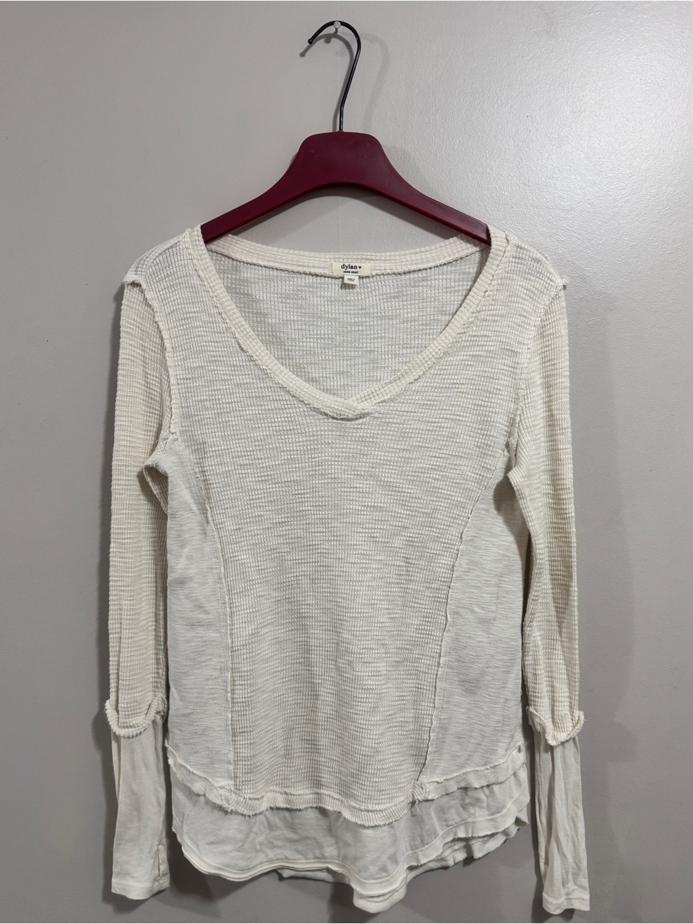 100% Cotton Dylan Cream Waffle Knit Long Sleeve Top Boho Thermal Layered Hem XS